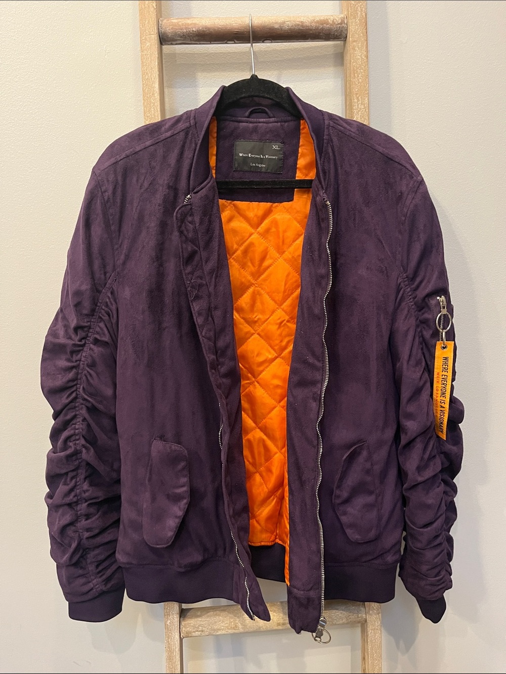 Vintage WEIV LosAngeles Purple Ruched Sleeve Bomber Jacket with Ring Zip size XL
